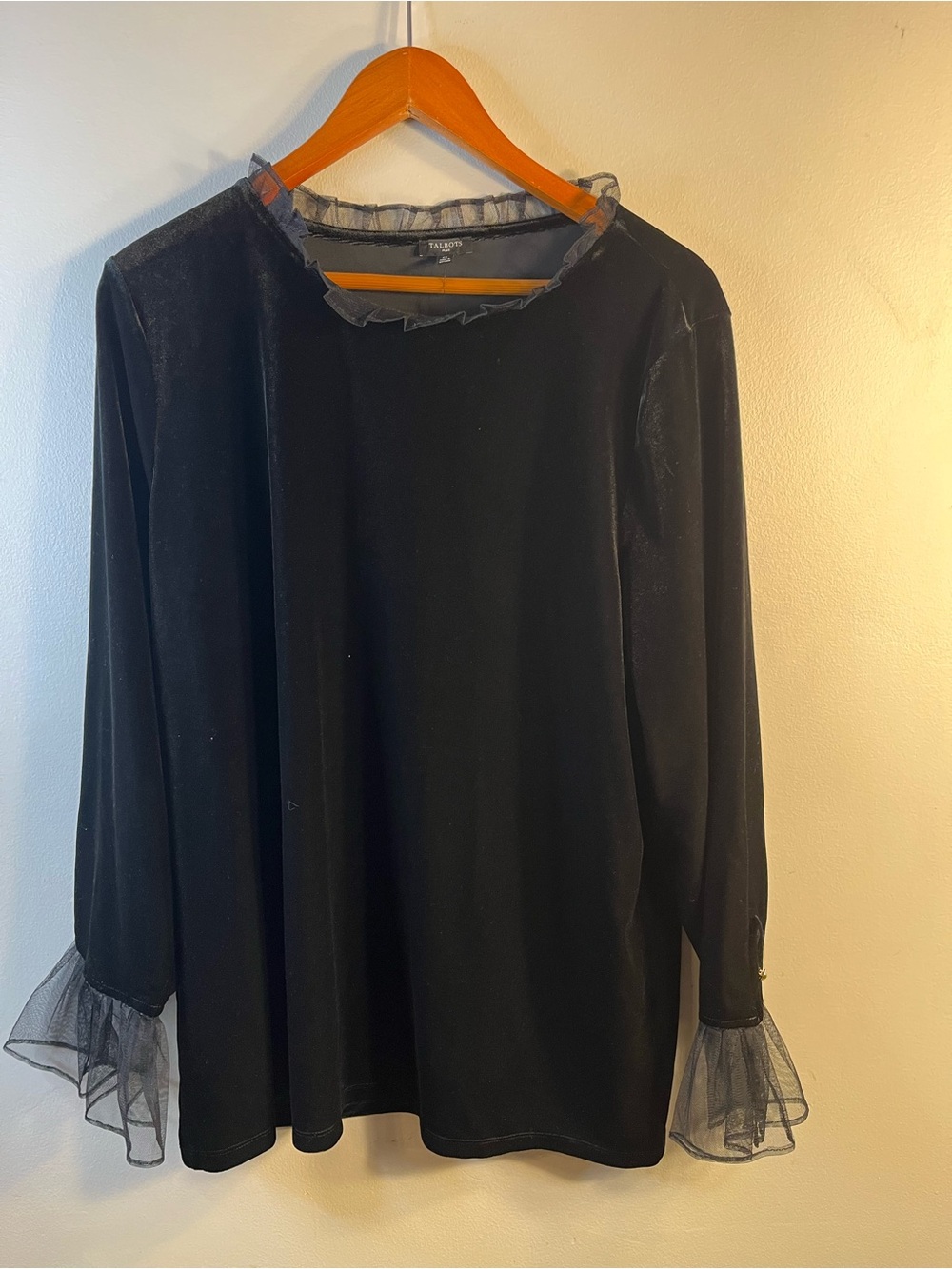 Talbots Black Velour Long-Sleeve Top with Sheer Ruffle Trim 2X NWT